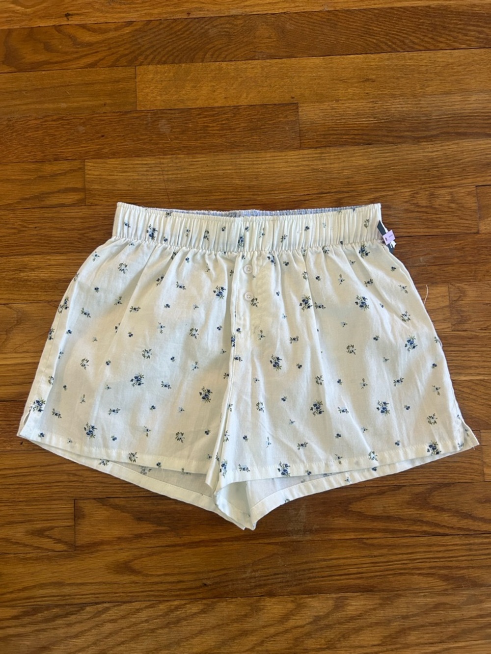 wild fable Cream Floral High-Waist Elastic Shorts with Blue Print